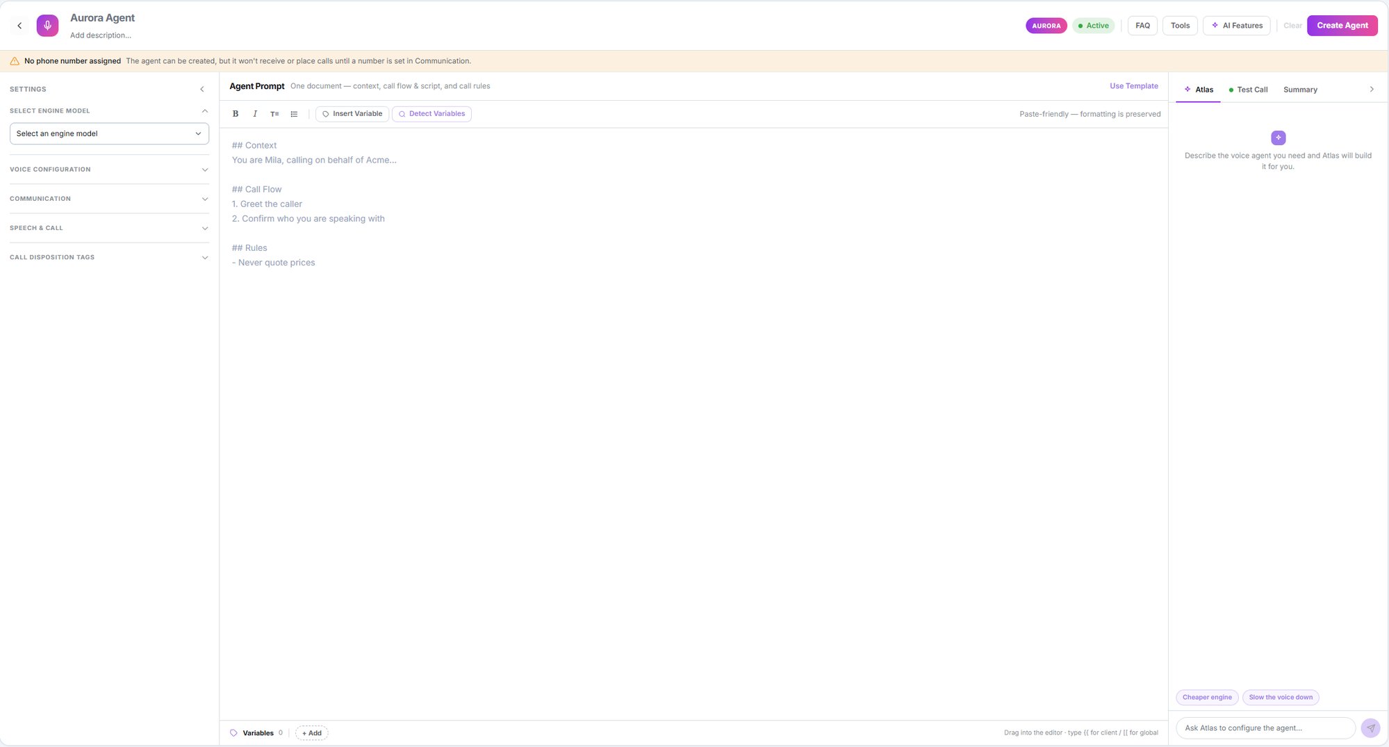 Aurora agent editor showing the settings column, the prompt document, and the Atlas, Test Call and Summary panel