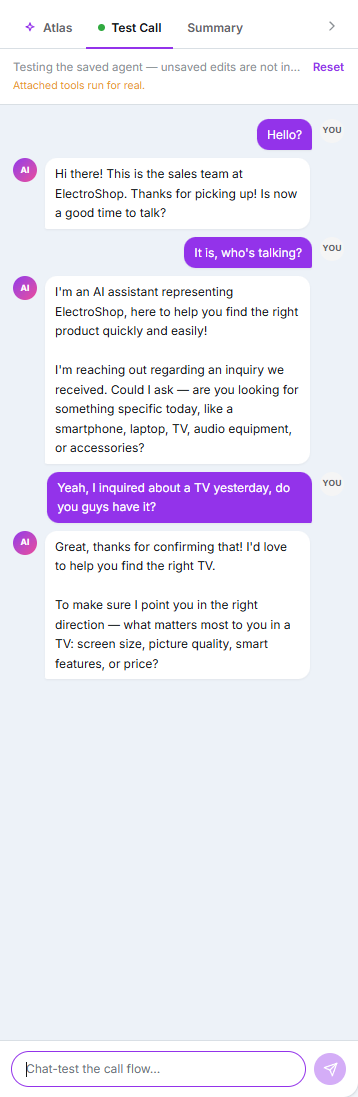 Test Call tab showing a chat-based test conversation