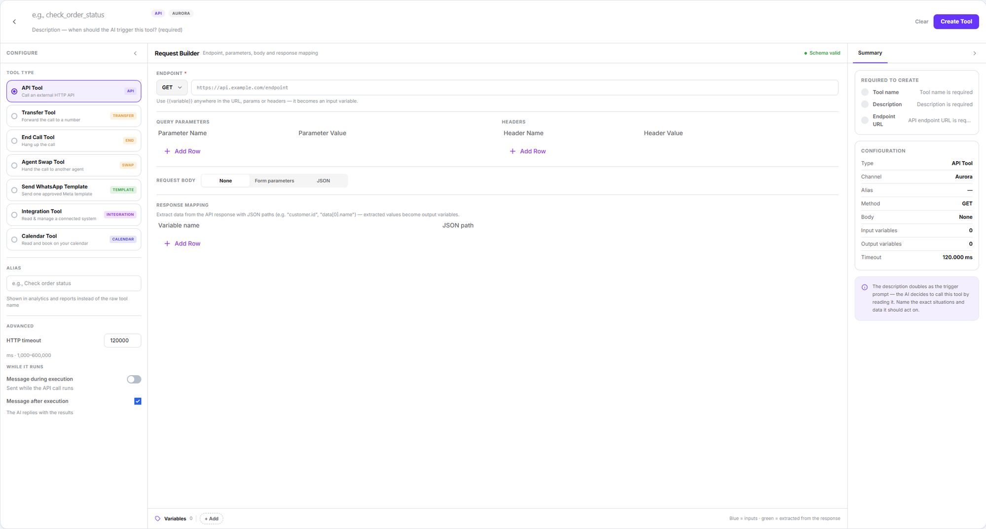Tool builder showing the API, transfer, end call, agent swap, WhatsApp template, integration and calendar types