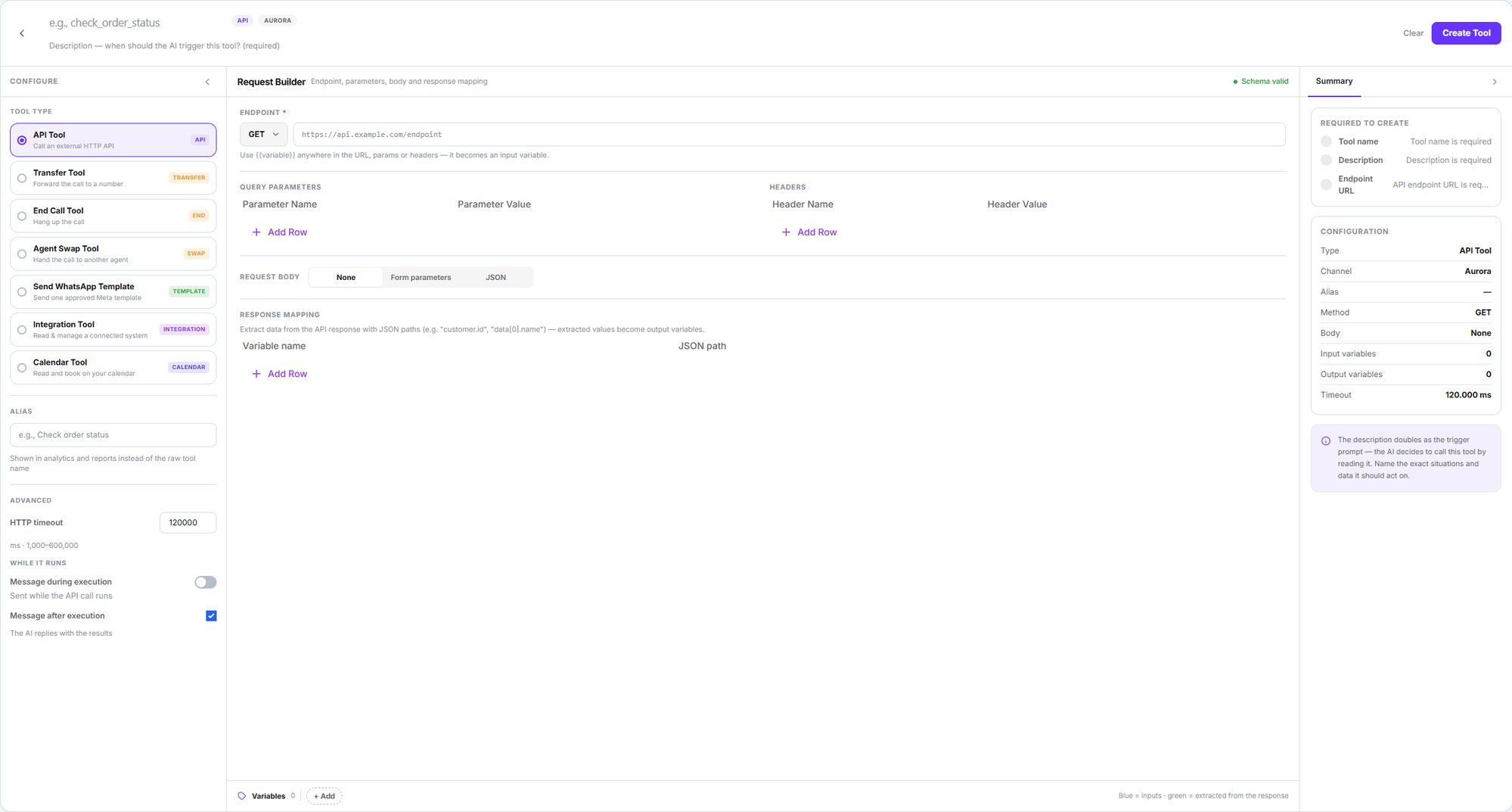 Tool builder showing the API, transfer, end call, agent swap, WhatsApp template, integration and calendar types
