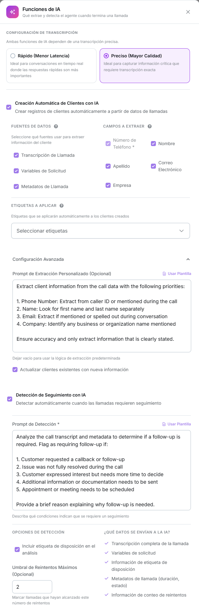 Modal Funciones de IA con la configuración de transcripción, la creación automática de clientes y la detección de seguimiento
