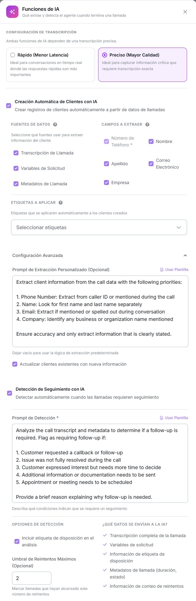 Modal Funciones de IA con la configuración de transcripción, la creación automática de clientes y la detección de seguimiento