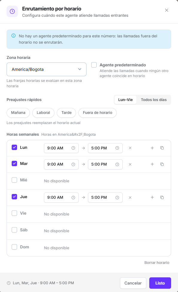 Modal de enrutamiento por horario con zona horaria, preajustes rápidos y franjas configuradas de lunes a jueves