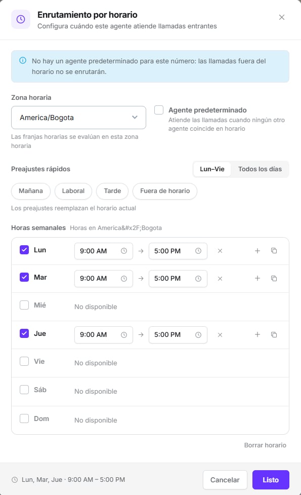 Modal de enrutamiento por horario con zona horaria, preajustes rápidos y franjas configuradas de lunes a jueves