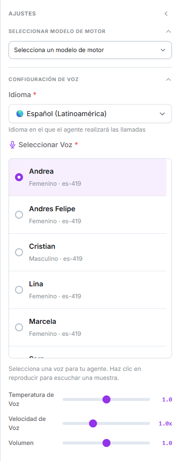Grupo Configuración de Voz con el idioma seleccionado y la lista de voces disponibles