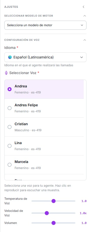 Grupo Configuración de Voz con idioma, lista de voces y los deslizadores de temperatura, velocidad y volumen