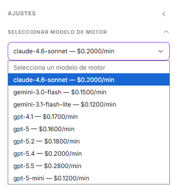 Desplegable de selección de modelo de motor mostrando el precio por minuto de cada opción
