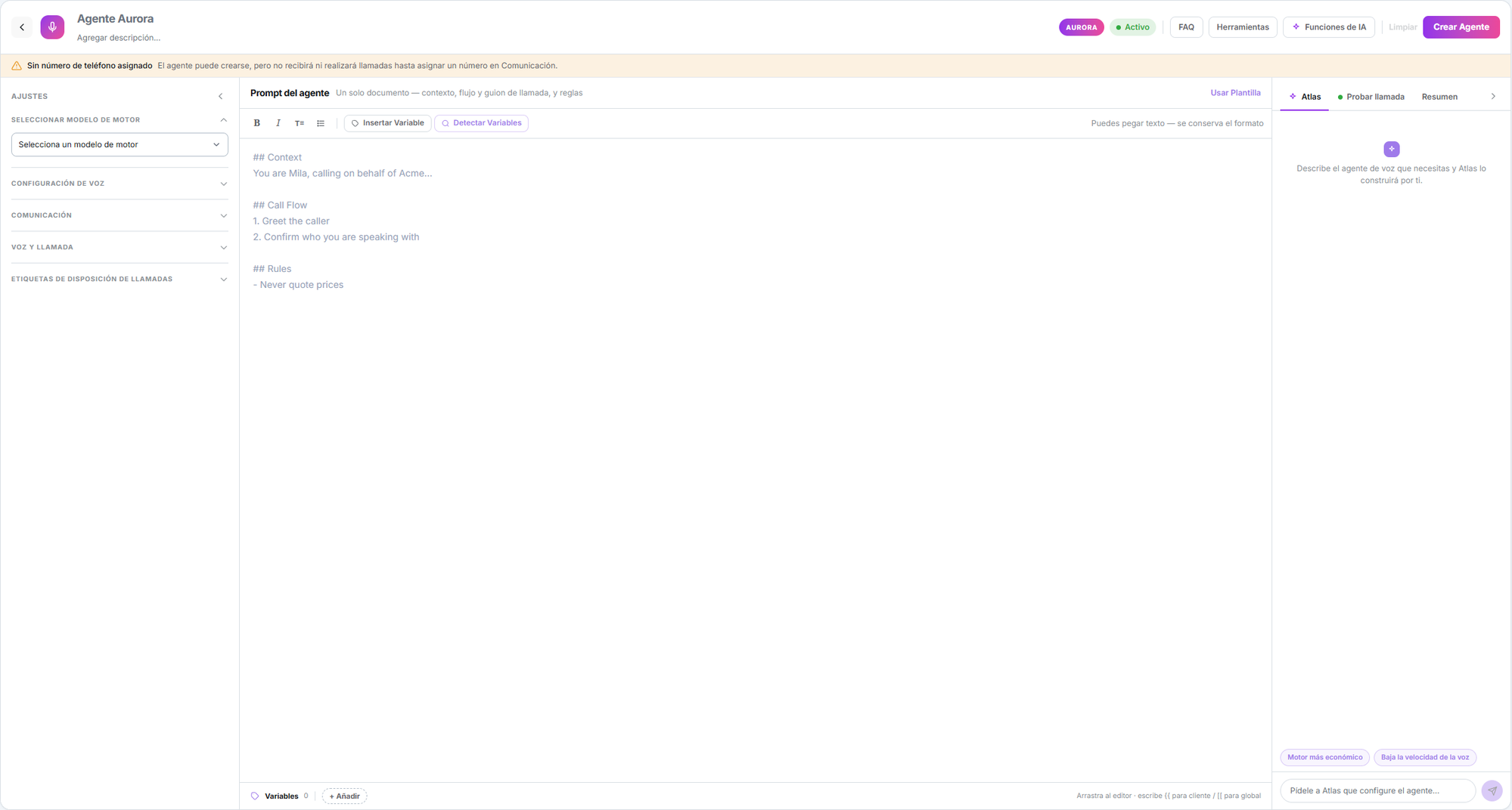 Editor de agente Aurora con la columna de ajustes, el documento del prompt y el panel de Atlas, Probar llamada y Resumen
