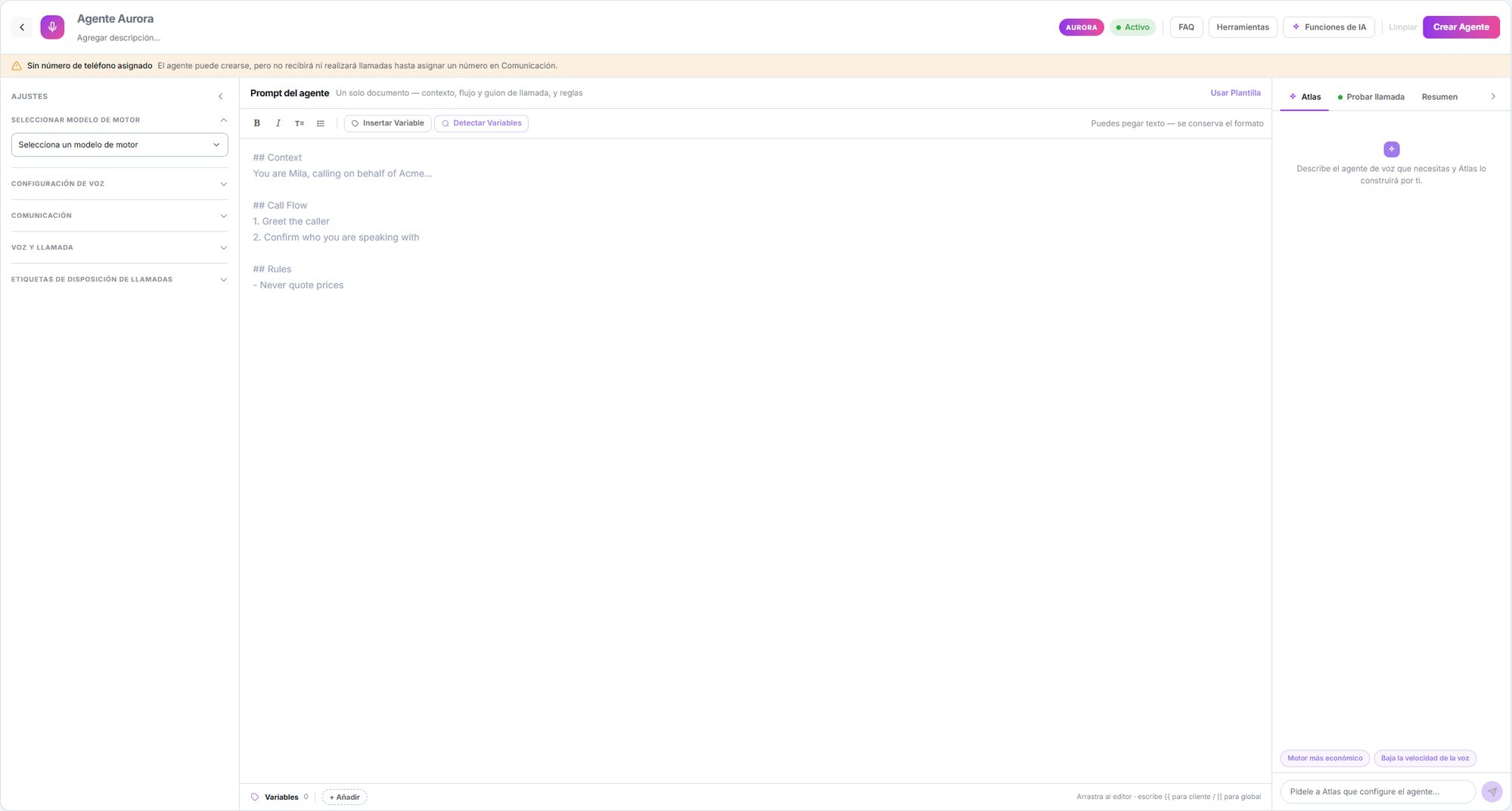 Editor de agente Aurora con la columna de ajustes, el documento del prompt y el panel de Atlas, Probar llamada y Resumen