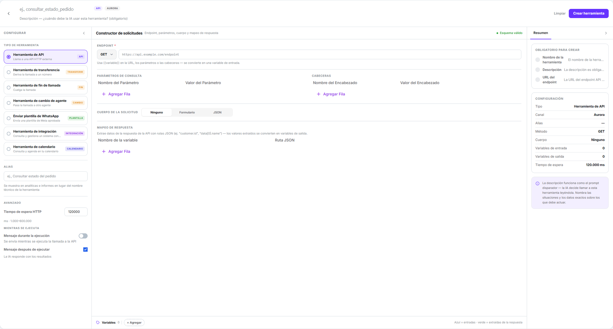 Constructor de herramientas mostrando los tipos API, transferencia, fin de llamada, cambio de agente, plantilla de WhatsApp, integración y calendario