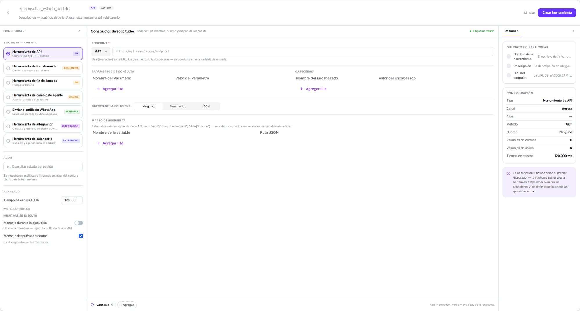 Constructor de herramientas mostrando los tipos API, transferencia, fin de llamada, cambio de agente, plantilla de WhatsApp, integración y calendario