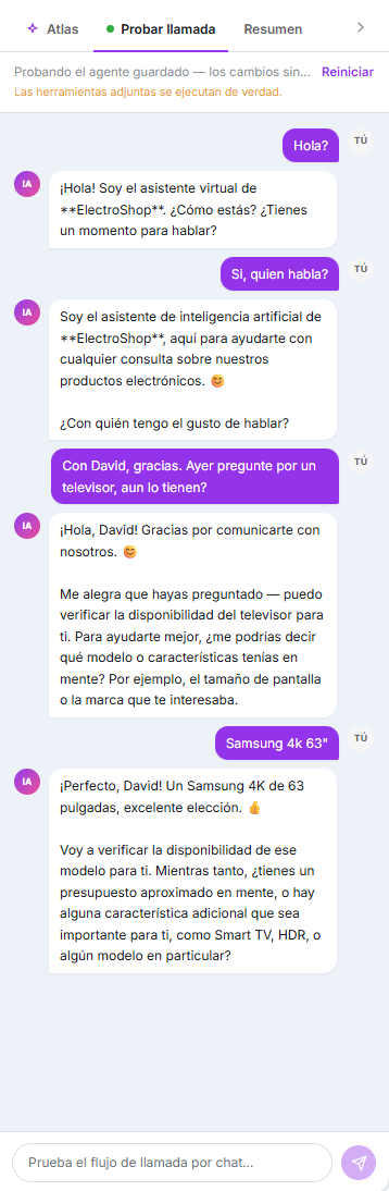 Pestaña Probar llamada con una conversación de prueba por chat