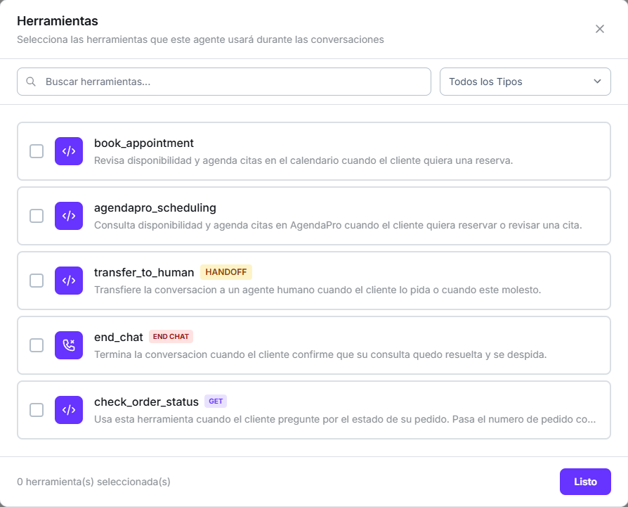 Modal Herramientas con book_appointment, agendapro_scheduling, transfer_to_human, end_chat y check_order_status junto a sus distintivos de tipo