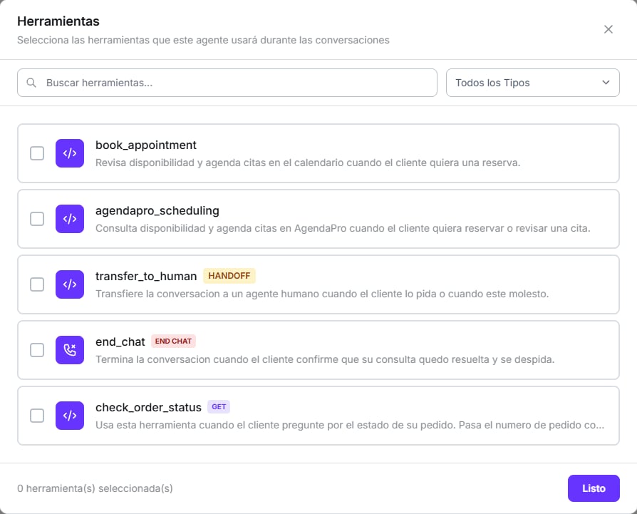 Modal Herramientas con book_appointment, agendapro_scheduling, transfer_to_human, end_chat y check_order_status junto a sus distintivos de tipo