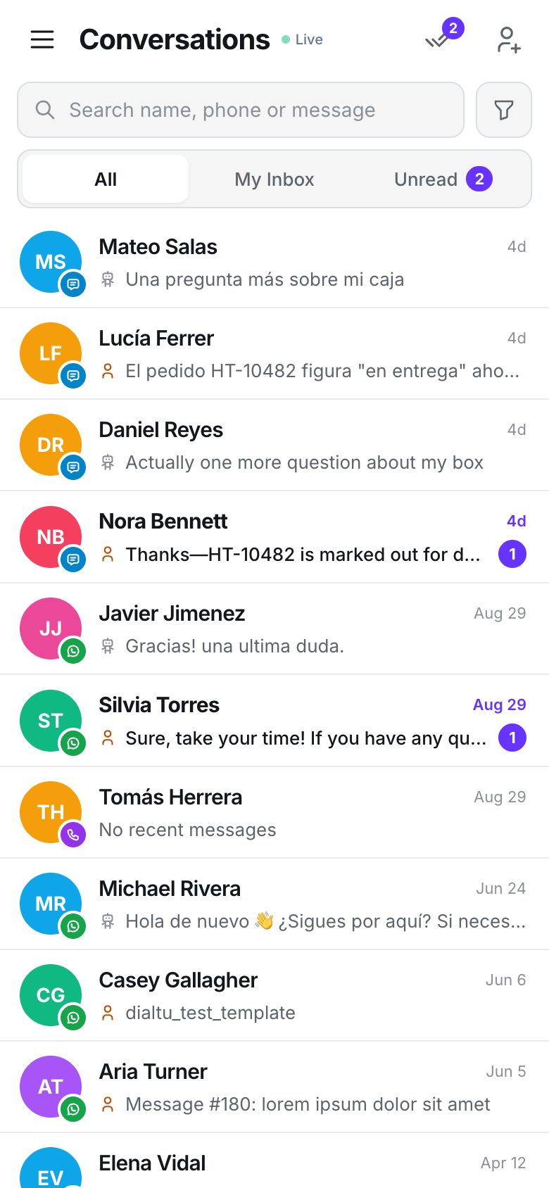 Phone inbox: header with the menu button, Conversations title, Live indicator, mark-all-read button with a badge and add-client button; a search field and filter button; All, My Inbox and Unread tabs; a list of conversations with avatars, channel badges, names, previews, times and unread counts