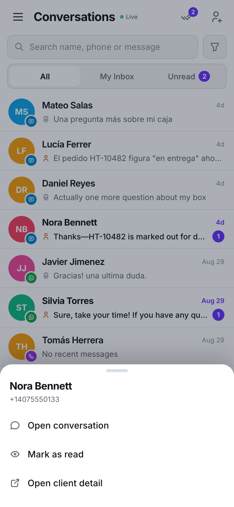 A bottom sheet titled Nora Bennett with her phone number and the options Open conversation, Mark as read and Open client detail