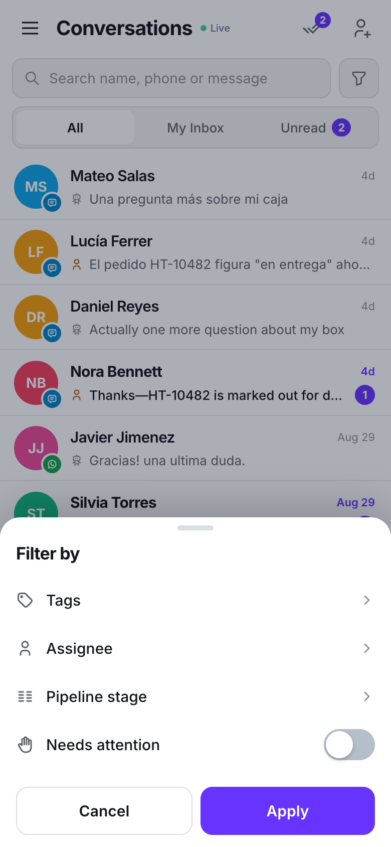 A bottom sheet titled Filter by with rows for Tags, Assignee and Pipeline stage, a Needs attention switch, and Cancel and Apply buttons