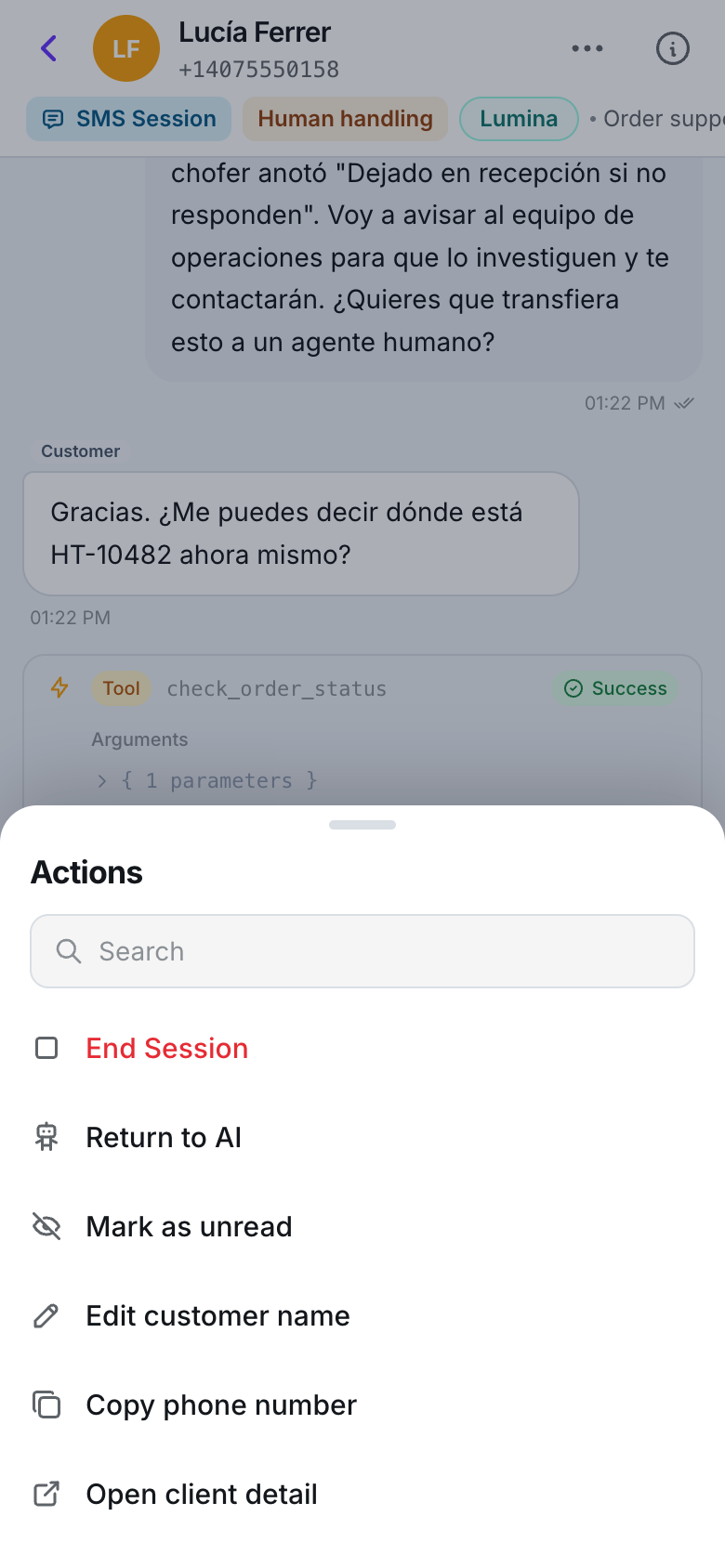 A bottom sheet titled Actions with a search field and the rows End Session in red, Return to AI, Mark as unread, Edit customer name, Copy phone number and Open client detail