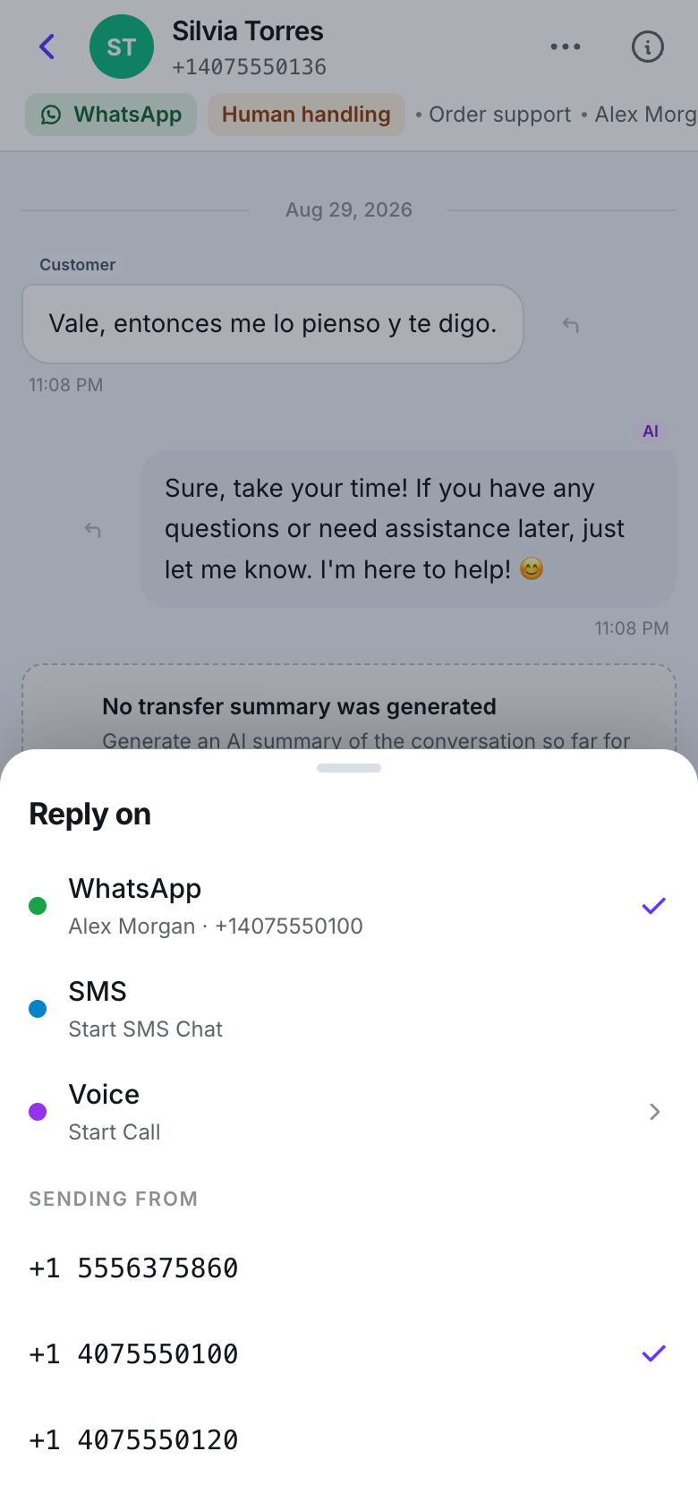 A bottom sheet titled Reply on listing WhatsApp with the sending account, SMS and Voice, then a Sending from section with three phone numbers, the selected one checked