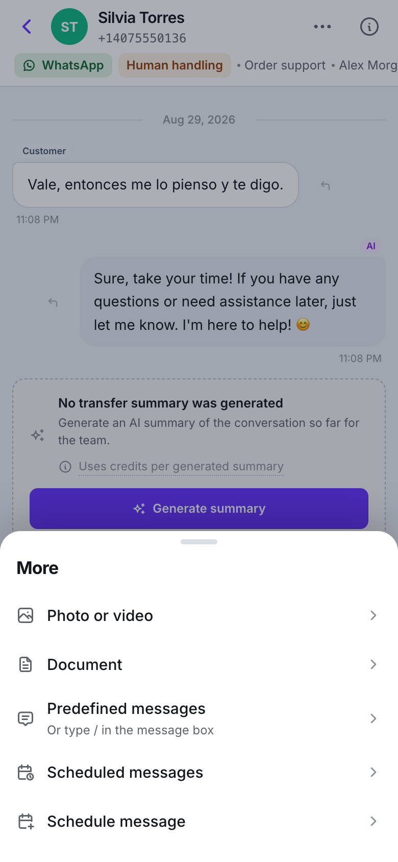 A bottom sheet titled More with rows Photo or video, Document, Predefined messages, Scheduled messages and Schedule message