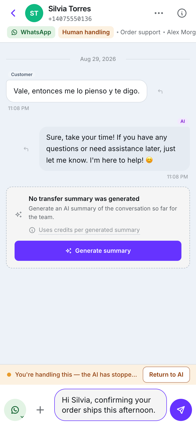 The composer with a three-line message typed in the field, a purple send button on the right