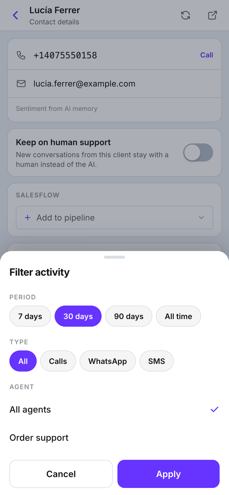 A bottom sheet titled Filter activity with period chips 7 days, 30 days, 90 days and All time, type chips All, Calls, WhatsApp and SMS, an agent list with All agents checked, and Cancel and Apply buttons