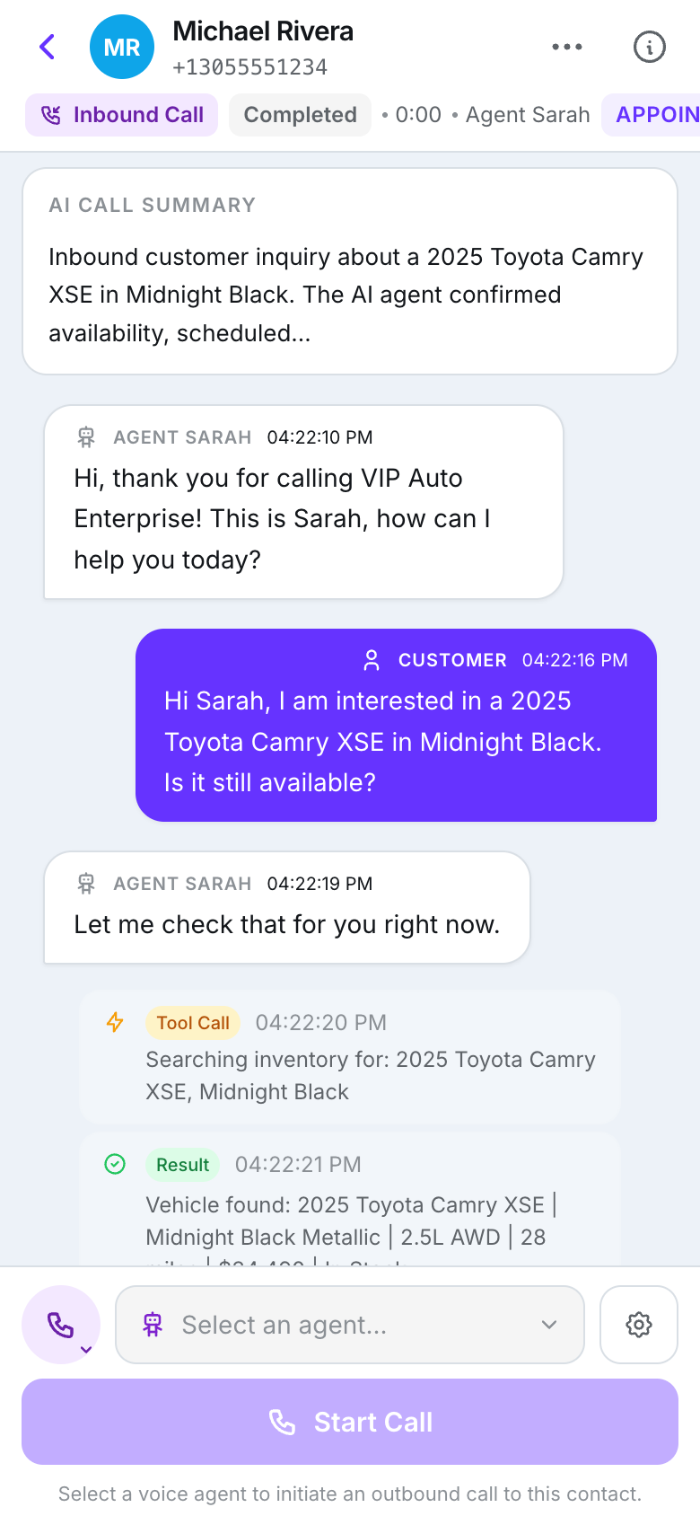 The thread screen for a call: strip reading Inbound Call, Completed, duration and Agent Sarah; an AI call summary card; the transcript with agent, customer and tool bubbles; at the bottom an agent picker, a settings button and a Start Call button