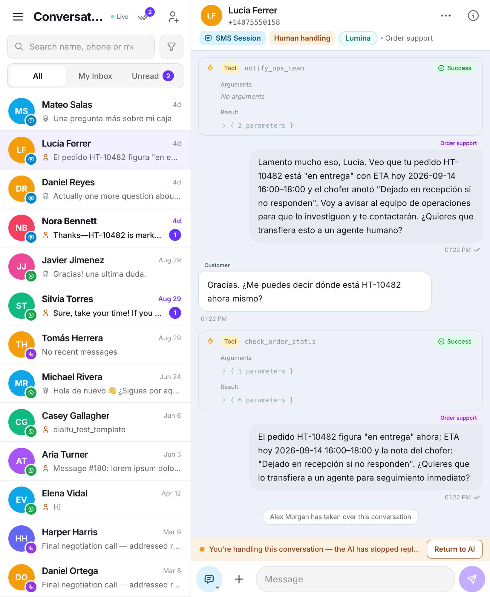 Tablet layout with the inbox list in a 320-pixel column on the left and the SMS thread with its composer on the right