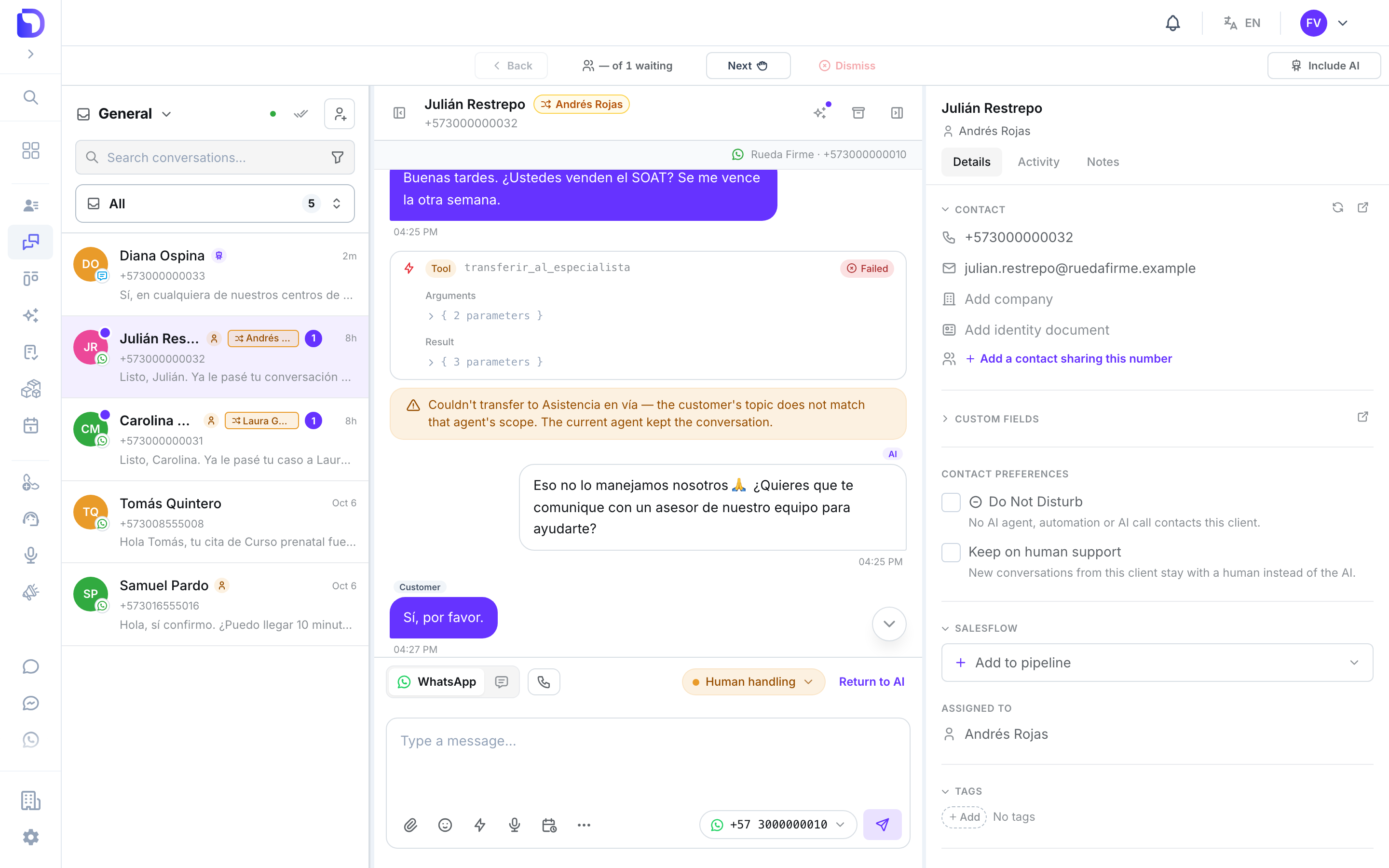 A WhatsApp conversation in Conversations where the customer asks about SOAT insurance; the transferir_al_especialista tool bubble is marked Failed, an amber centred note reads Couldn't transfer to Asistencia en vía — the customer's topic does not match that agent's scope. The current agent kept the conversation., and the current agent then offers to put the customer in touch with a human advisor.