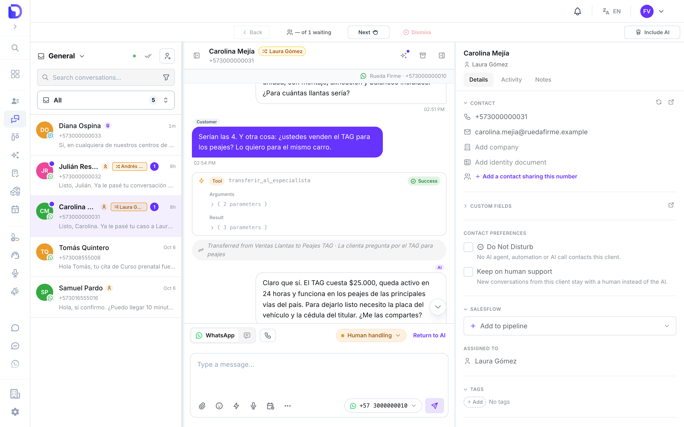 A WhatsApp conversation in Conversations where the customer, after a tyres question, asks whether you sell the TAG for tolls; a transferir_al_especialista tool bubble marked Success is followed by a neutral centred note reading Transferred from Ventas Llantas to Peajes TAG with the reason, and the next AI reply answers the TAG question directly, without a greeting.