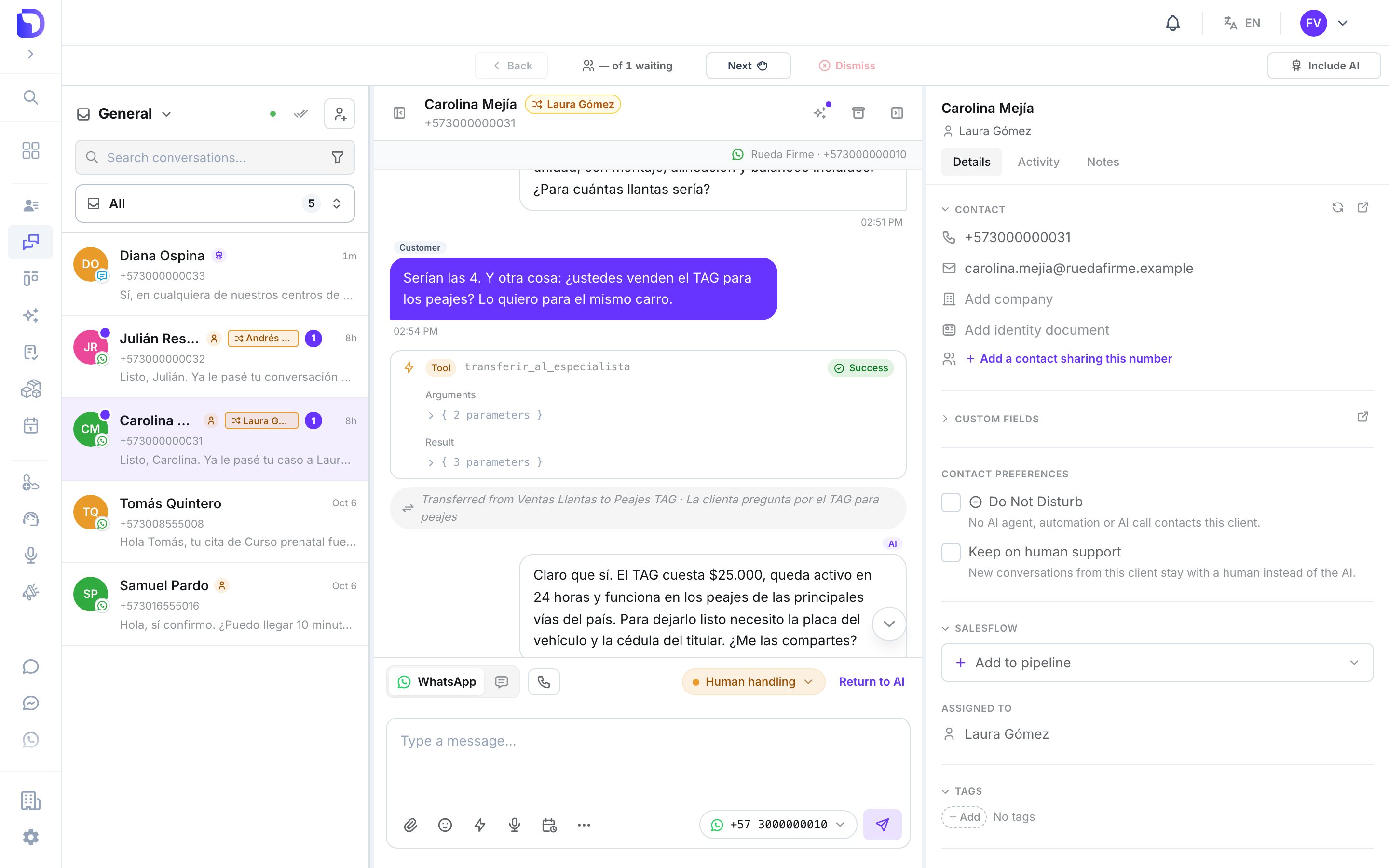A WhatsApp conversation in Conversations where the customer, after a tyres question, asks whether you sell the TAG for tolls; a transferir_al_especialista tool bubble marked Success is followed by a neutral centred note reading Transferred from Ventas Llantas to Peajes TAG with the reason, and the next AI reply answers the TAG question directly, without a greeting.