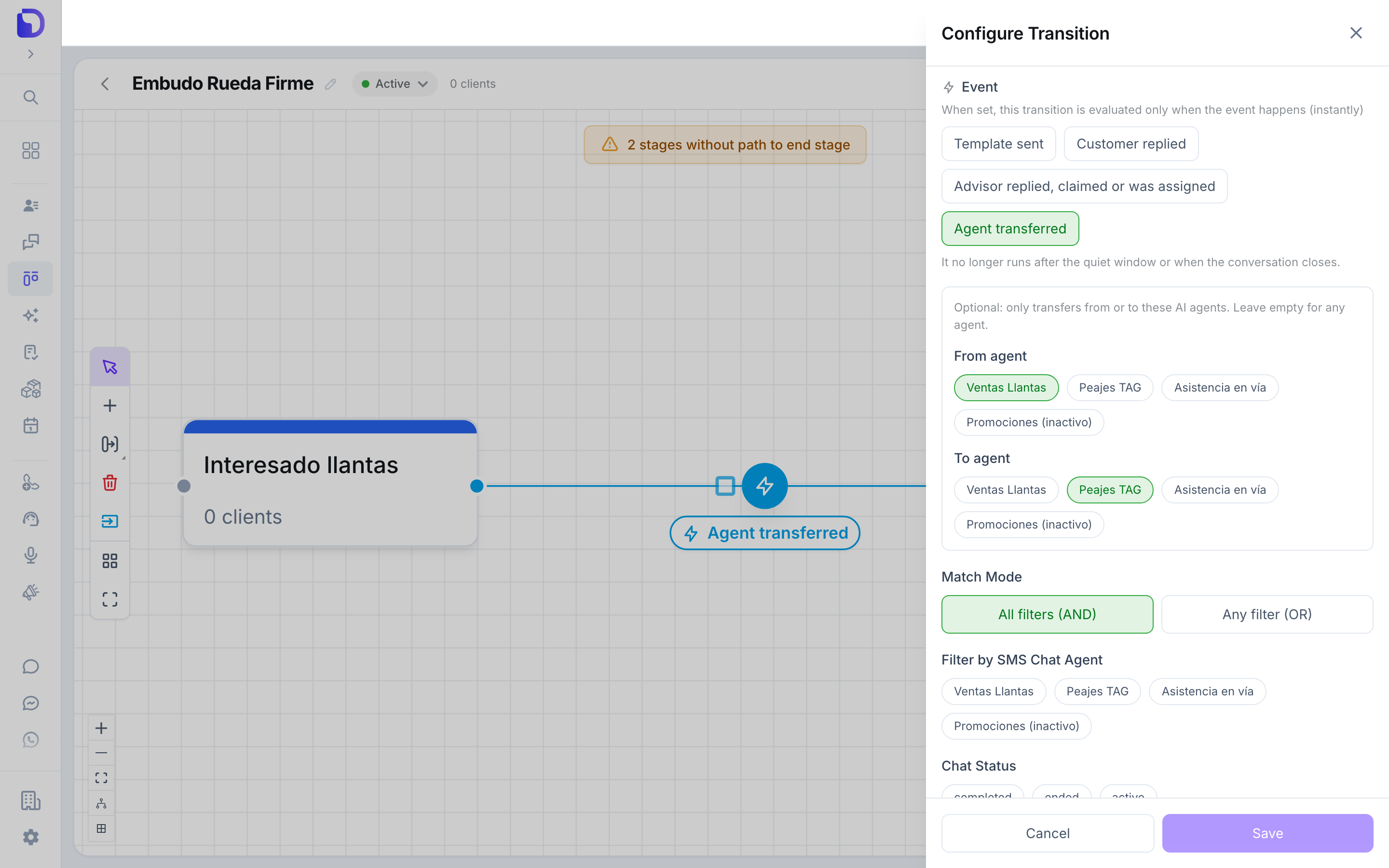 Configure Transition panel open over the Flow view, on the WhatsApp Chat tab, with Event set to Agent transferred, From agent set to Ventas Llantas and To agent set to Peajes TAG, above the Match Mode buttons.