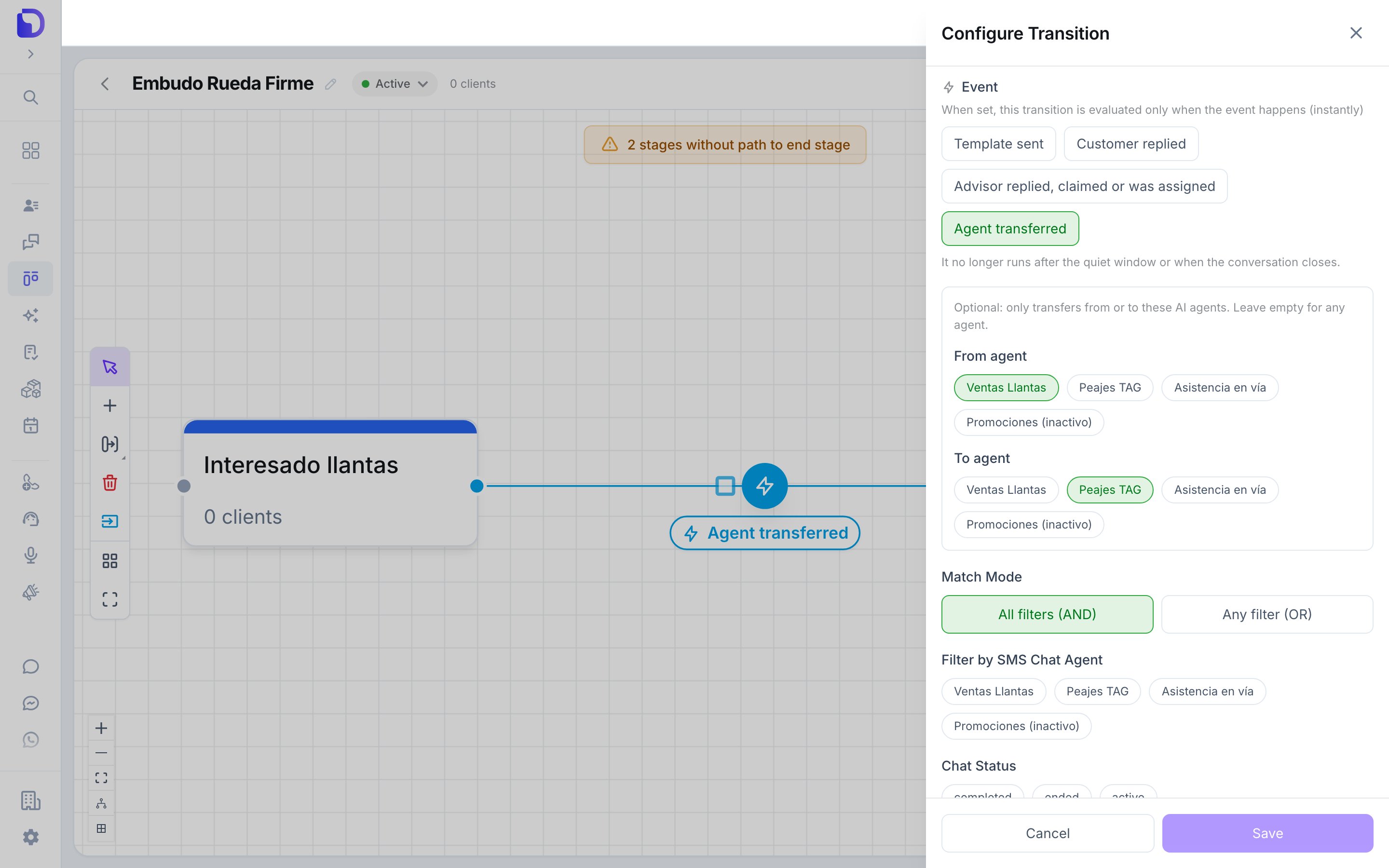 Configure Transition panel open over the Flow view, on the WhatsApp Chat tab, with Event set to Agent transferred, From agent set to Ventas Llantas and To agent set to Peajes TAG, above the Match Mode buttons.