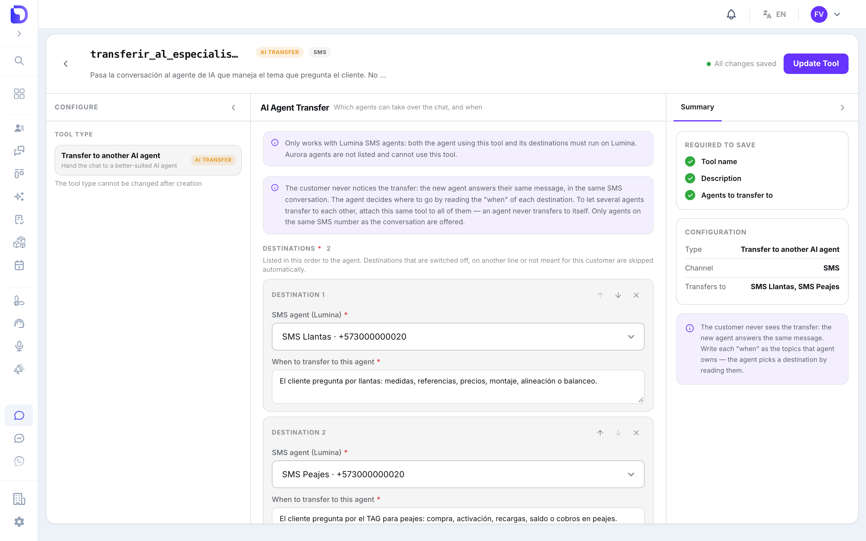 Transfer to another AI agent tool for SMS with the notice Only works with Lumina SMS agents, the How it works note, and two SMS agent (Lumina) destinations, SMS Llantas and SMS Peajes, each showing its number and its when text.