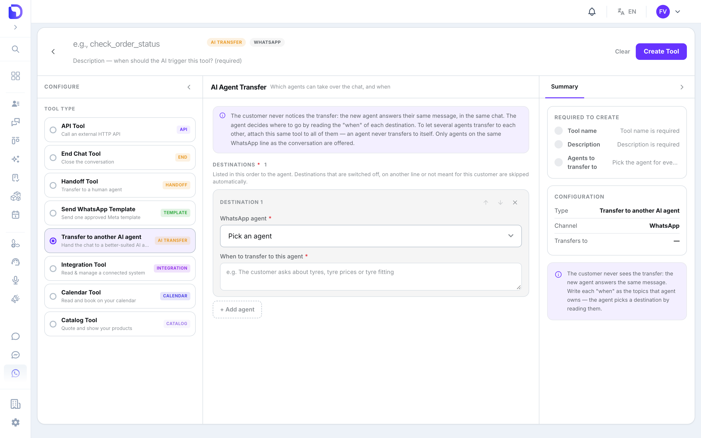New WhatsApp tool in the tool builder, with the Transfer to another AI agent card (AI TRANSFER badge) selected in the Configure rail and the AI Agent Transfer pane showing the How it works note and an empty Destination 1 with Pick an agent and a When to transfer to this agent box.
