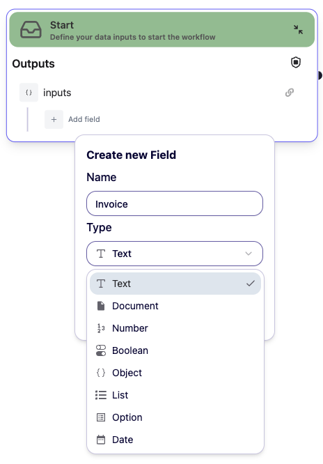 dibby data types interface showing available data type options