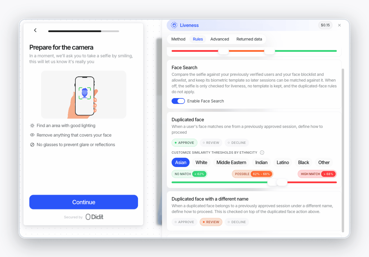 Liveness step Rules tab in the workflow editor with the Face Search switch turned on and the duplicated-face actions below it