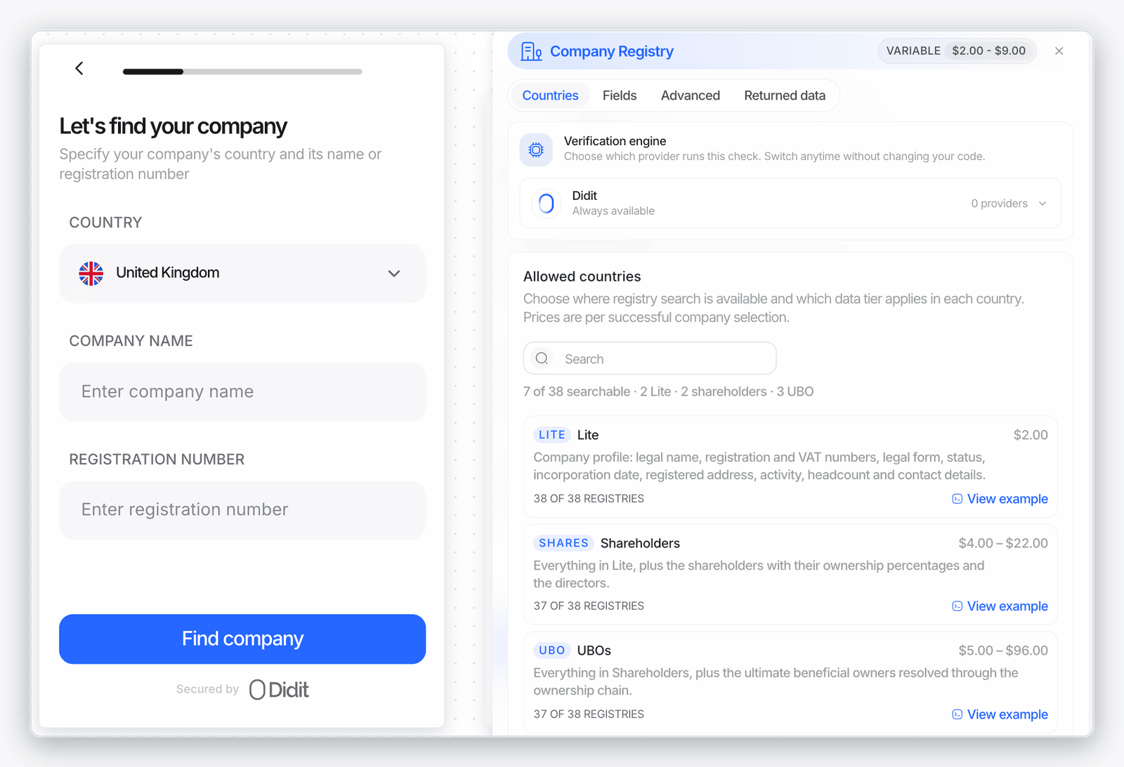 Company Registry step in the workflow editor showing the Lite, Shareholders and UBOs data tiers with their price ranges and registry coverage