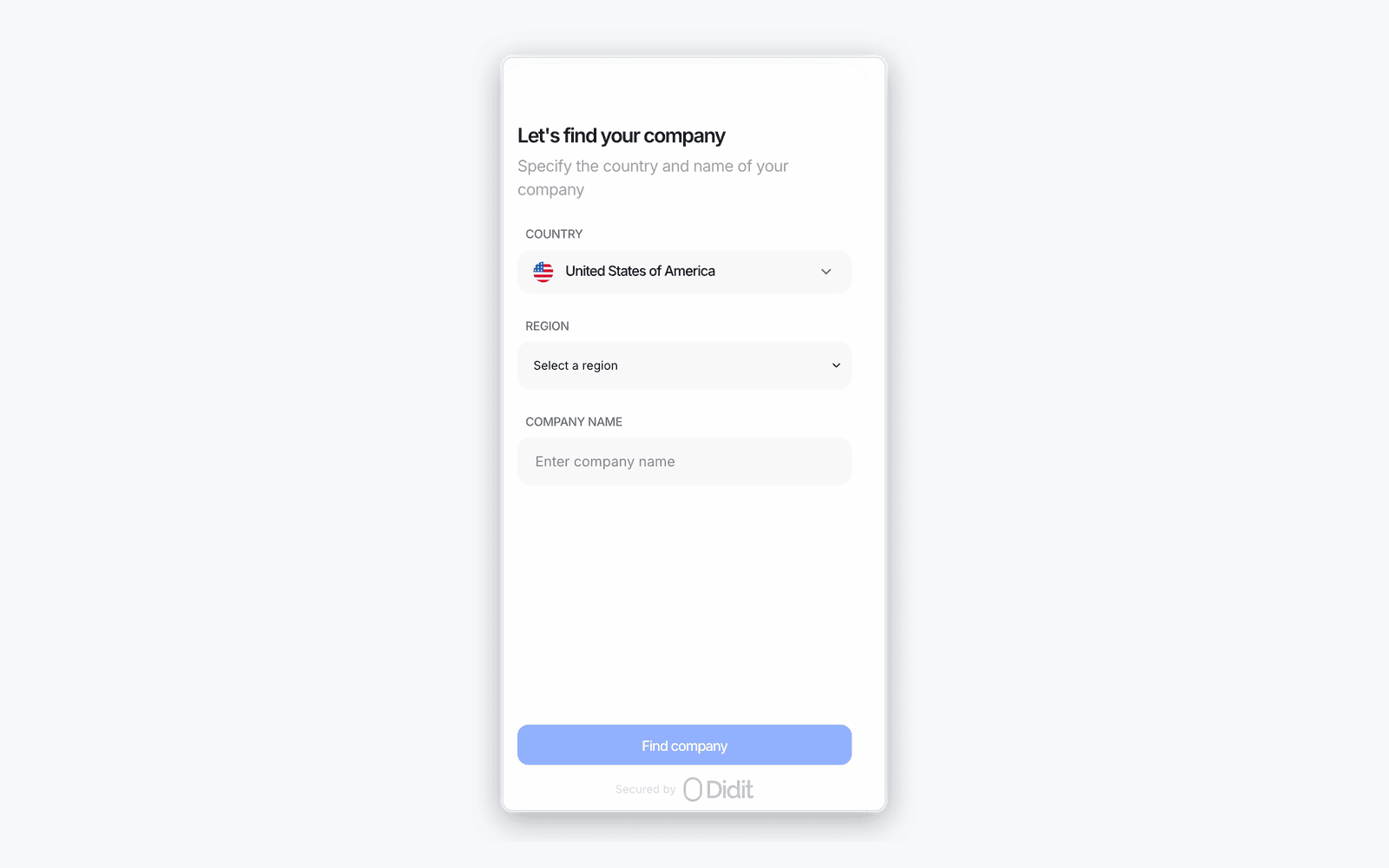 Customer-facing KYB flow — company search step