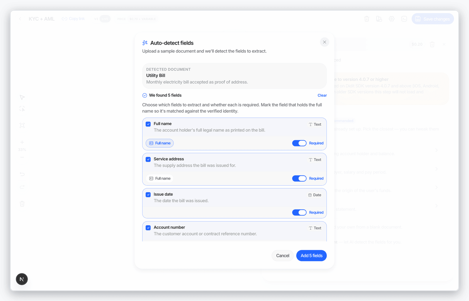 Workflow builder auto-detecting Document AI extraction fields from a sample document