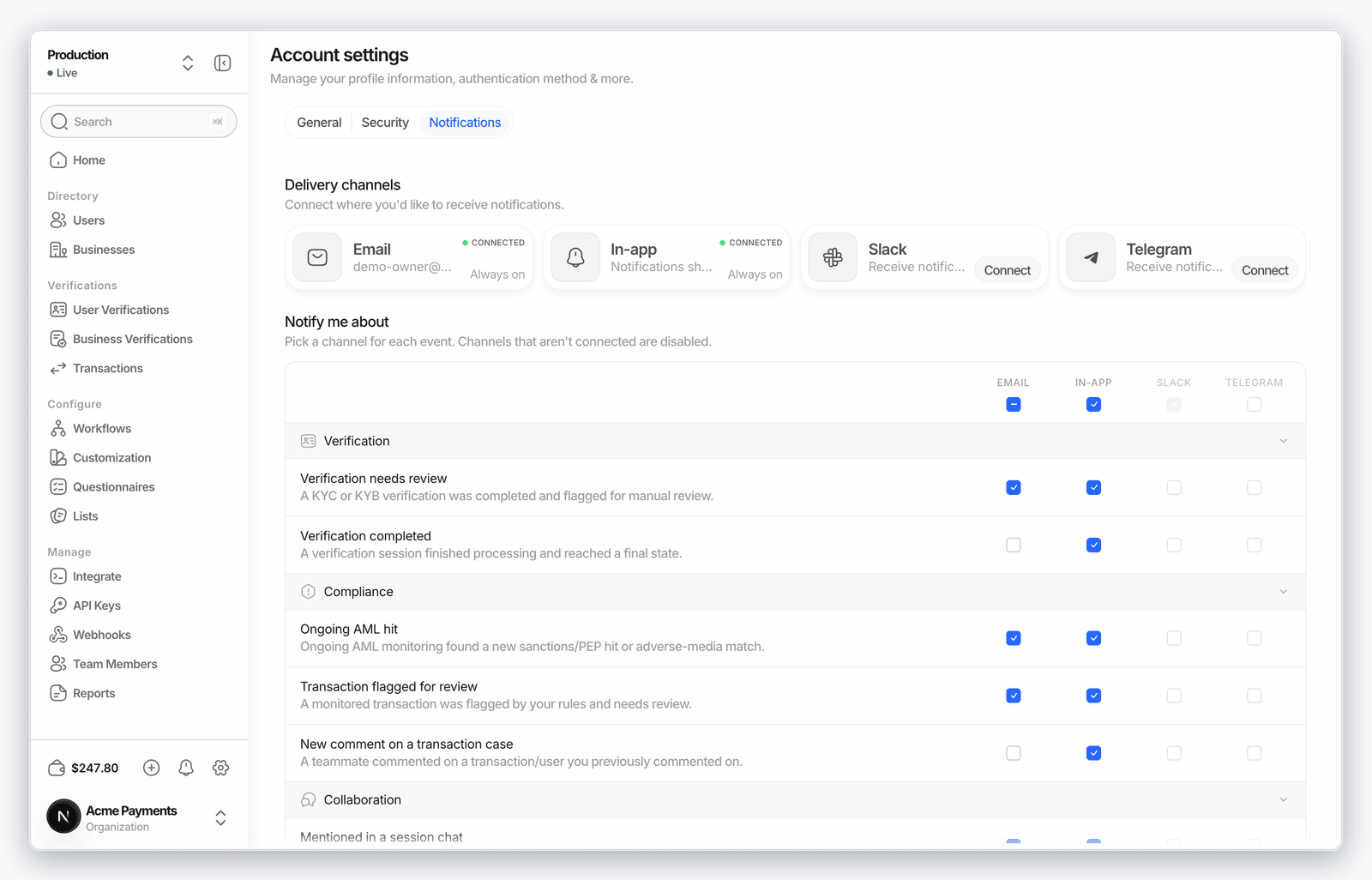 Per-user notification preferences matrix in Account Settings