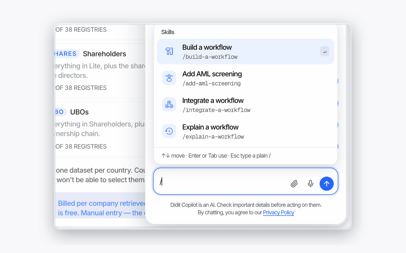 Didit Copilot panel in the workflow editor with the slash skills menu open and the AI disclosure under the composer