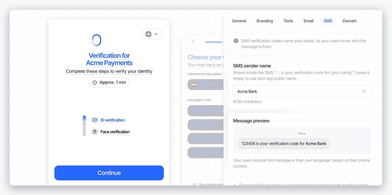 SMS tab in Customization with a sender name field and a live preview of the verification code message