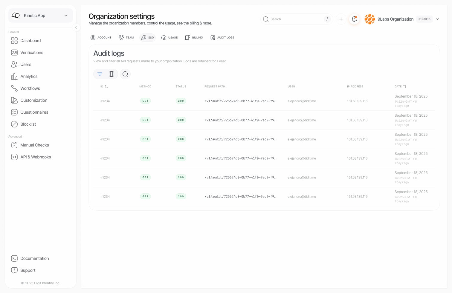 Audit logs in the Didit console