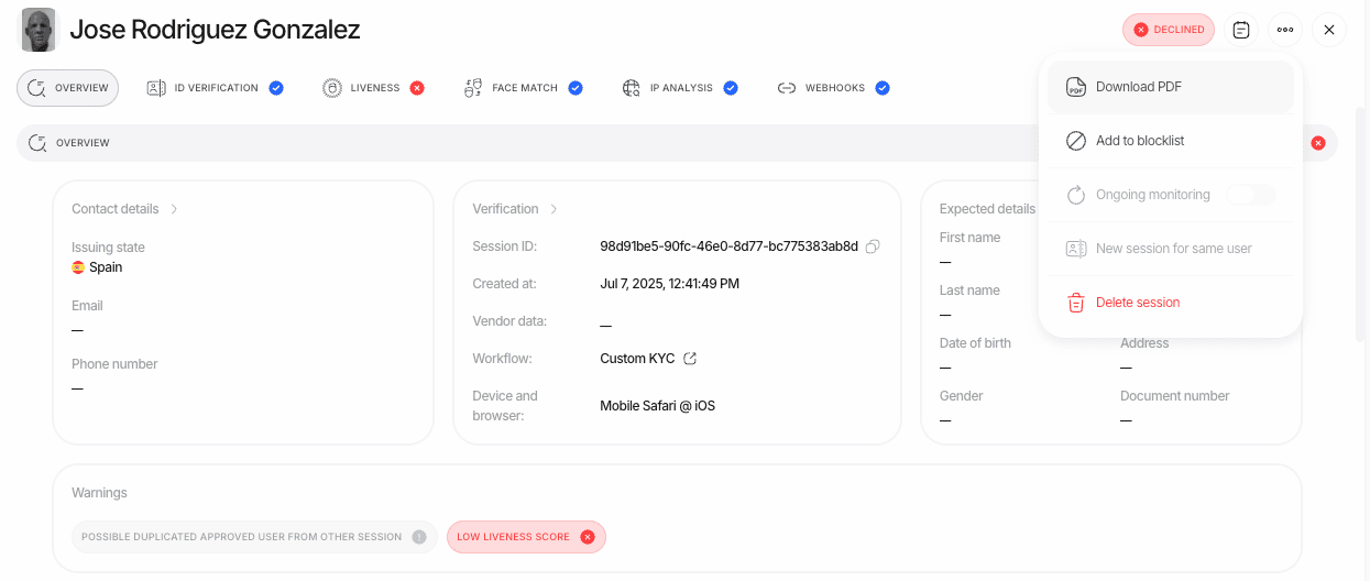 Export PDF from the verification dashboard
