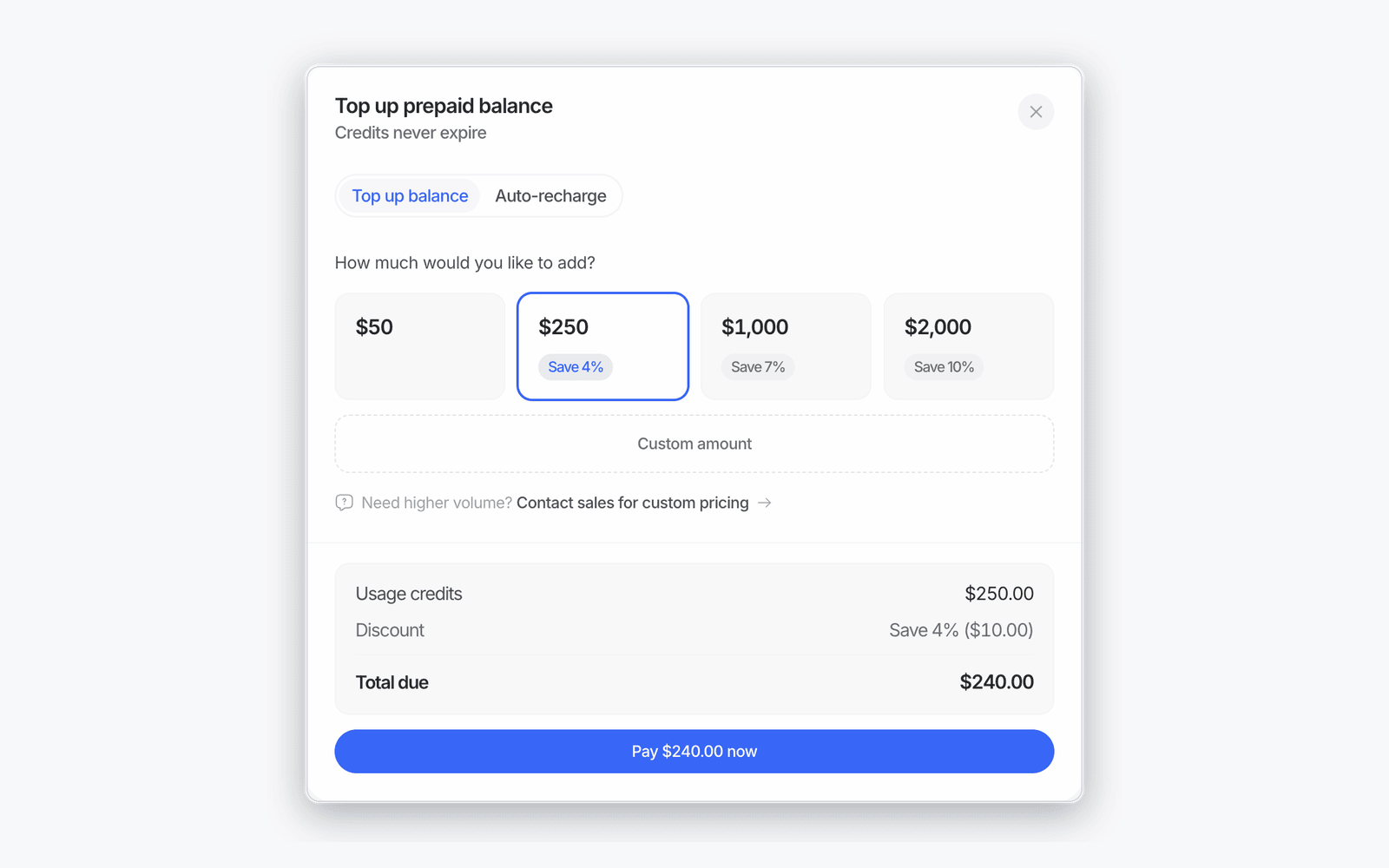 The Top up prepaid balance dialog showing $50, $250, $1,000 and $2,000 tiers with Save 4%, Save 7% and Save 10% badges