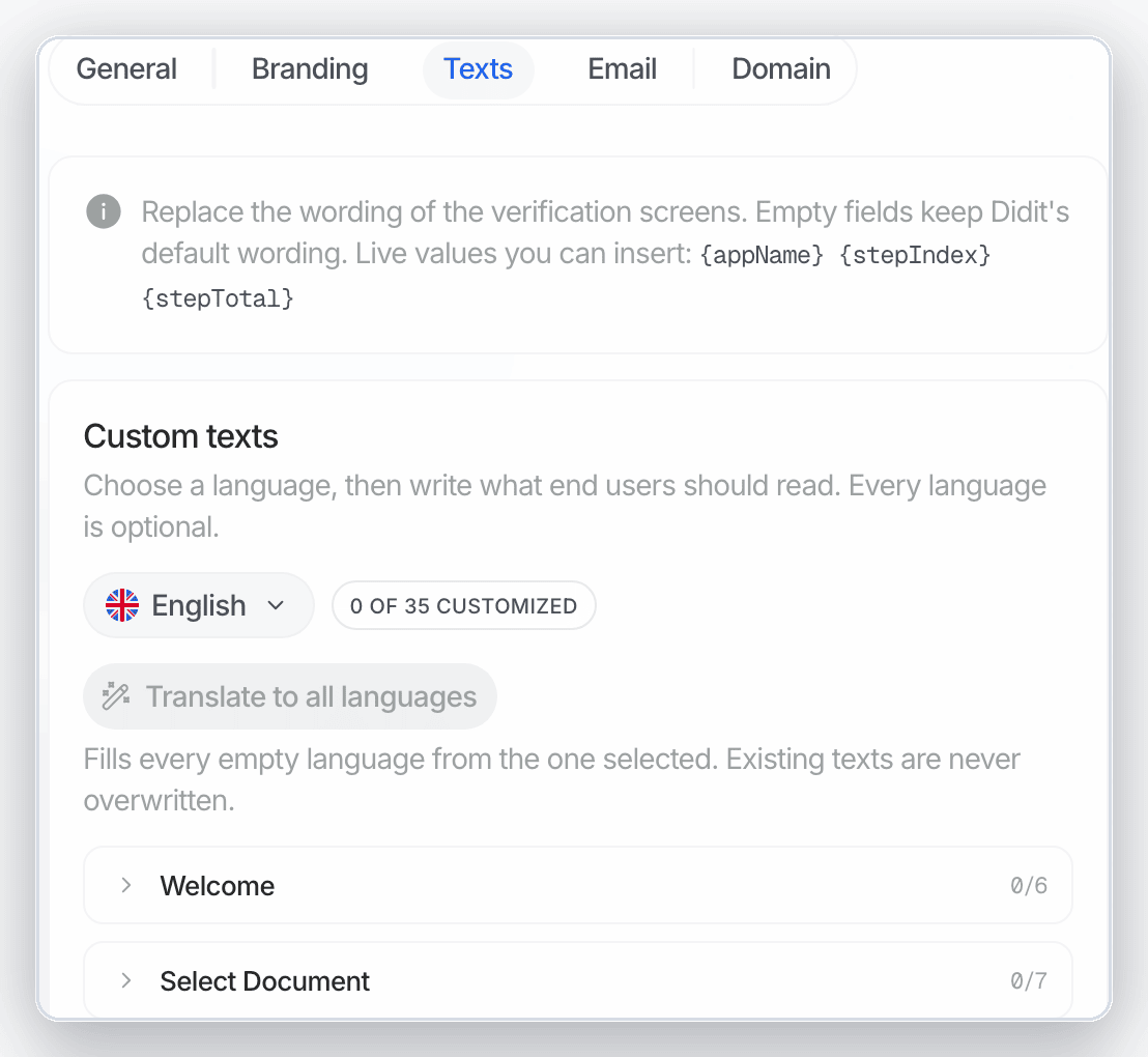 The Texts tab in Customization, showing the language selector, a Translate to all languages action, and per-step wording groups such as Welcome 0 of 6 and Select Document 0 of 7