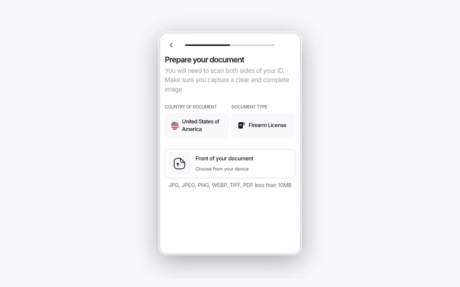 The verification flow on mobile with country set to United States of America and document type set to Firearm License