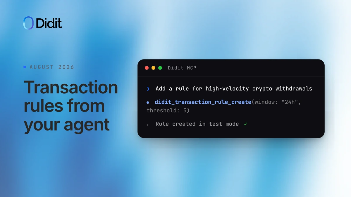 Didit MCP terminal creating a transaction-monitoring rule with didit_transaction_rule_create and returning Rule created in test mode