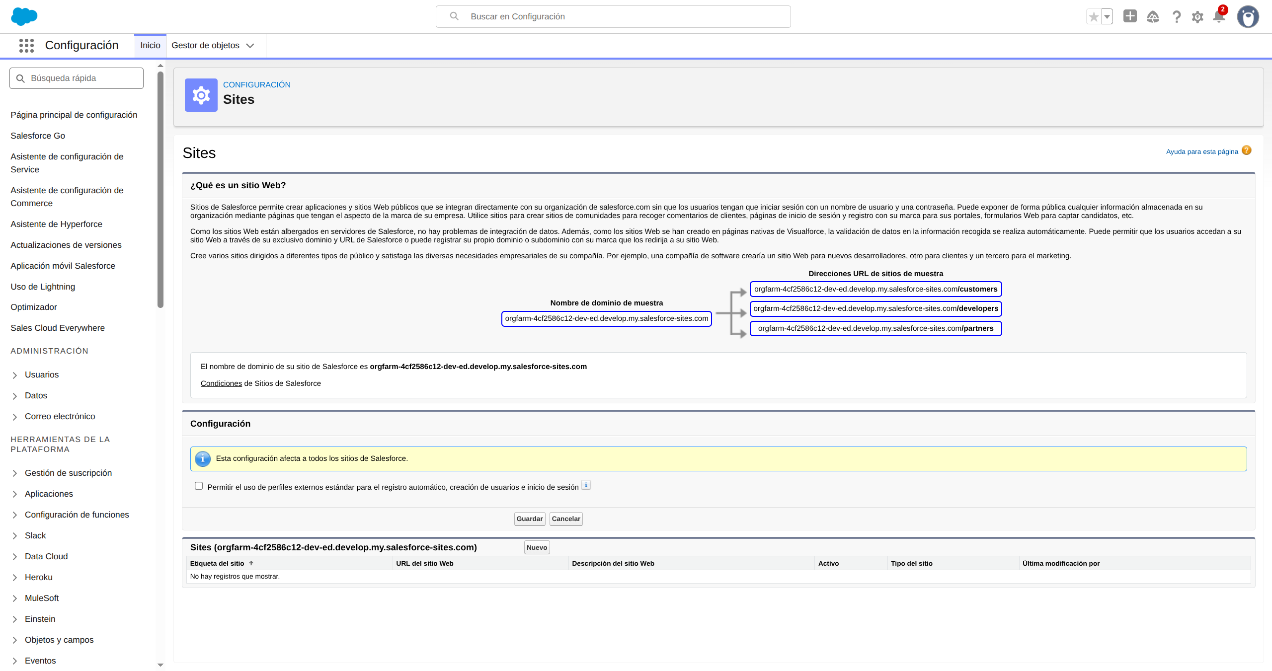 Step 1 - Sites page with domain registered